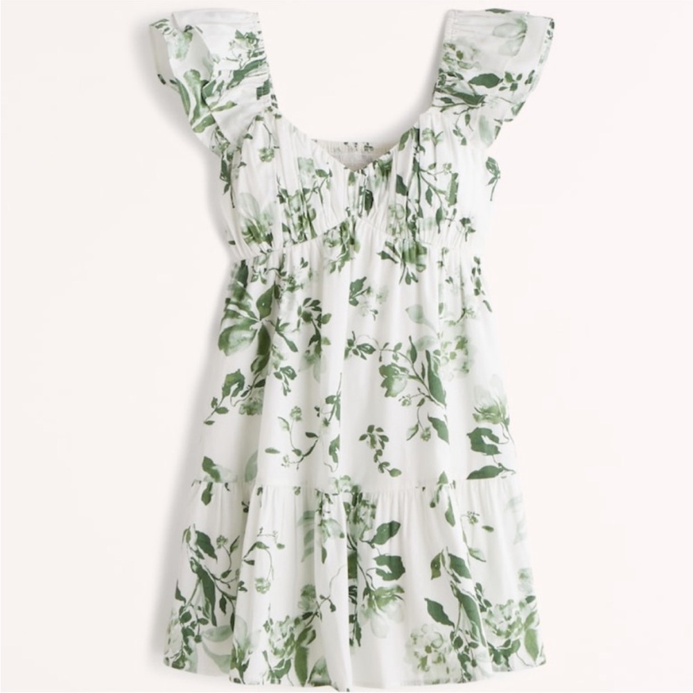 Abercrombie Ruched Flutter Sleeve Mini Dress in green floral Xs petite